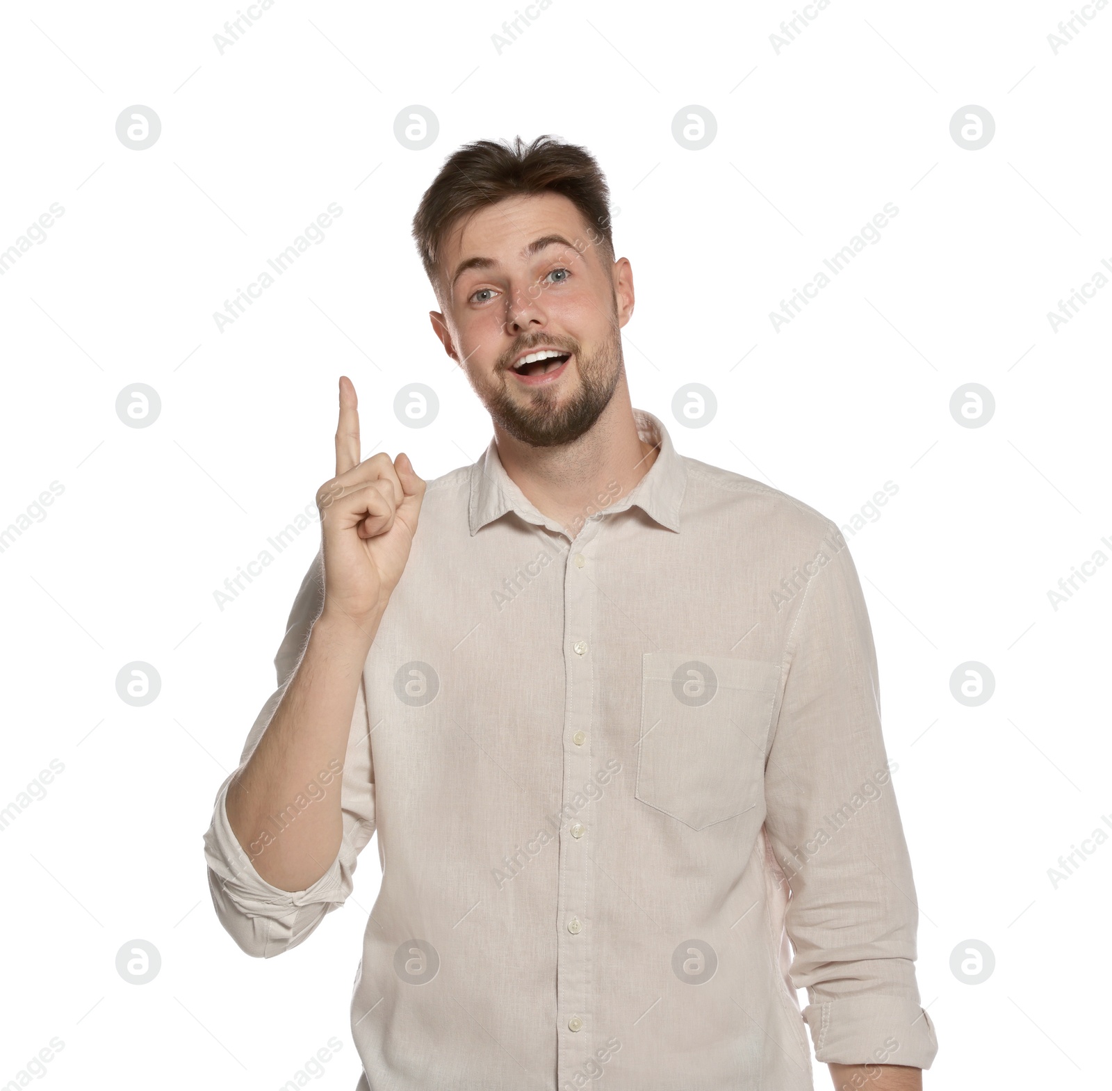 Photo of Handsome young man gesturing on white background