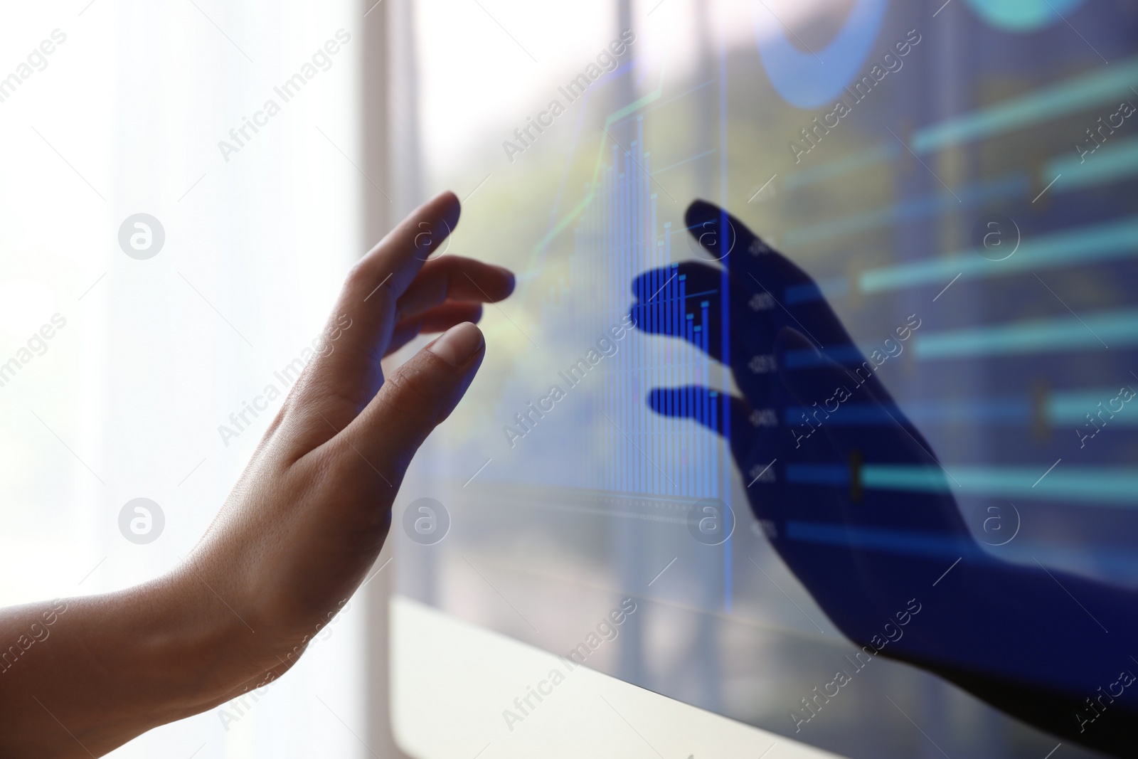 Photo of Woman working with modern computer indoors, closeup