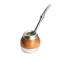 Photo of Calabash with mate tea and bombilla on white background