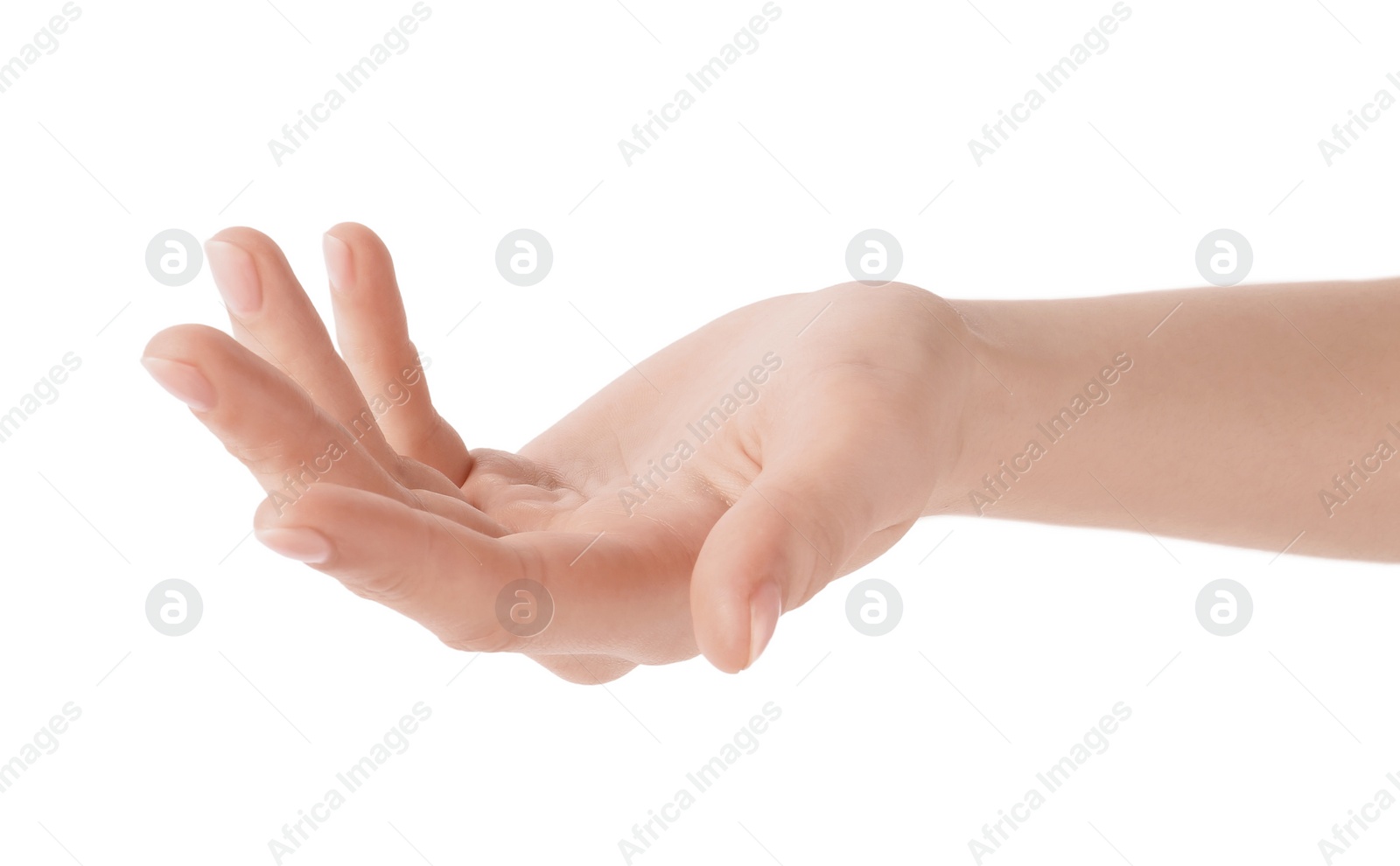 Photo of Woman holding hand on white background, closeup