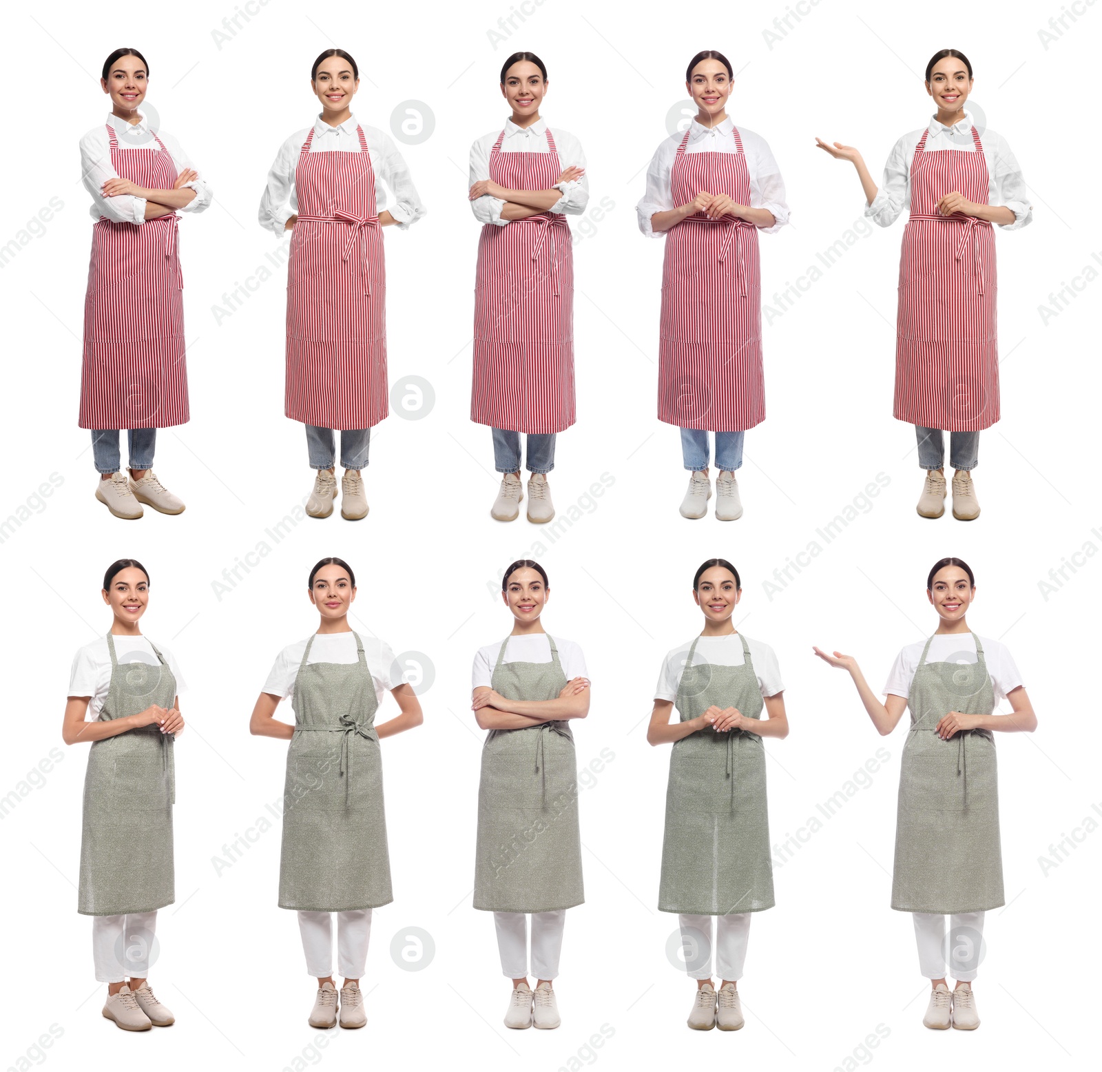 Image of Collage with photos of woman in aprons on white background