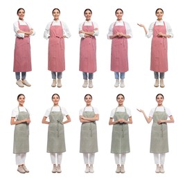 Image of Collage with photos of woman in aprons on white background