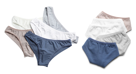 Image of Set of women's underwear on white background