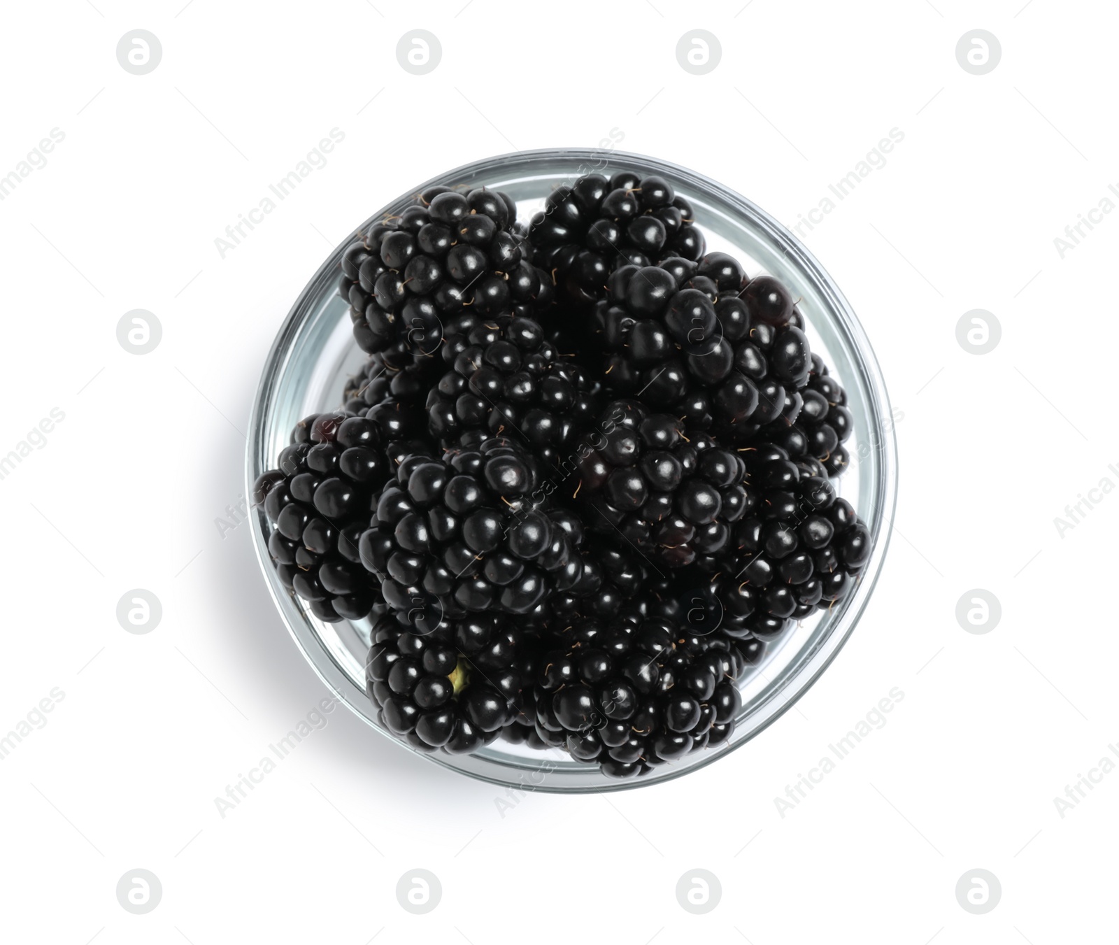 Photo of Fresh ripe blackberries in bowl isolated on white, top view