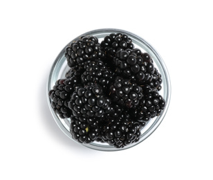 Fresh ripe blackberries in bowl isolated on white, top view
