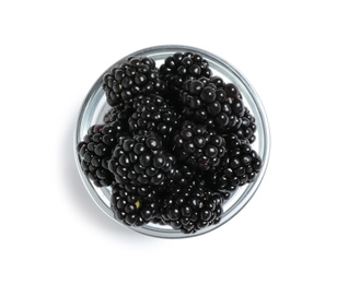 Photo of Fresh ripe blackberries in bowl isolated on white, top view