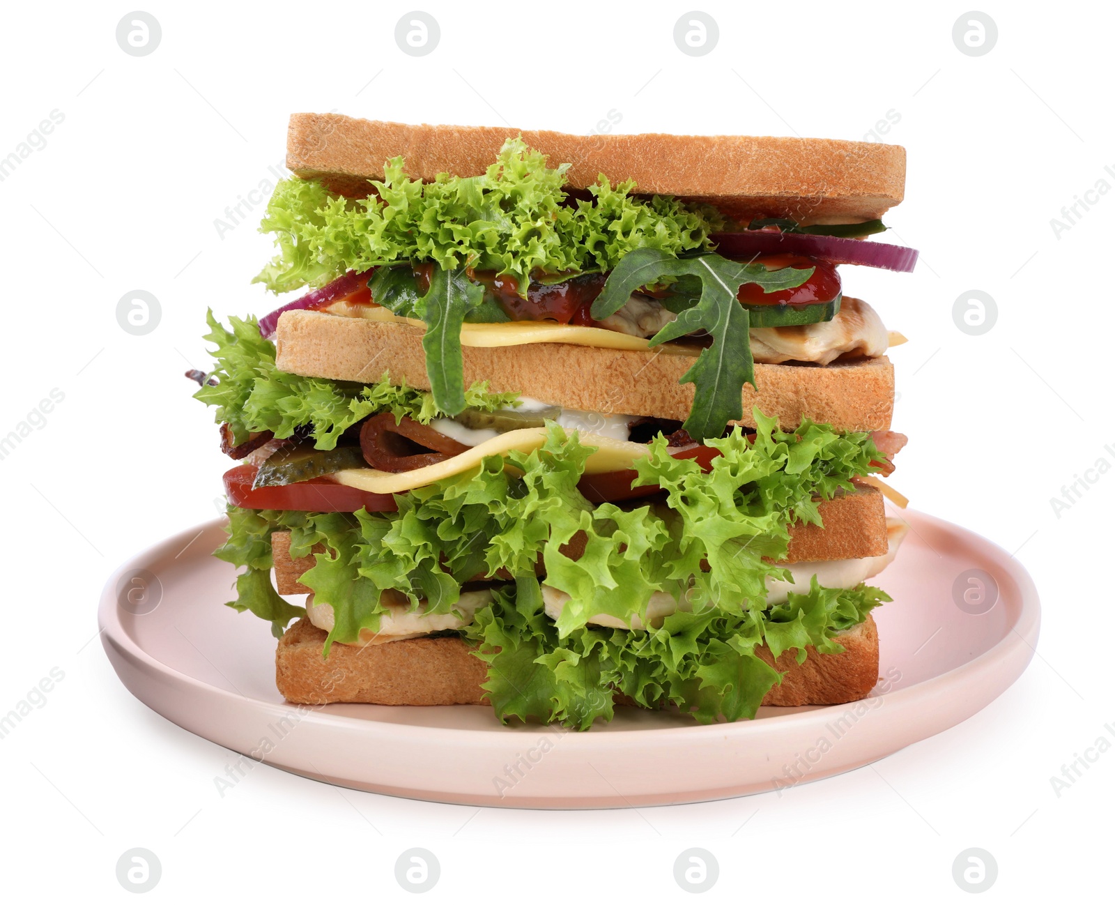 Photo of Yummy sandwich with chicken isolated on white