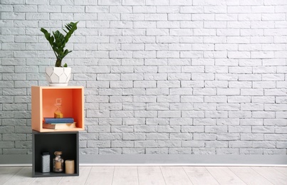 Shelves and tropical plant with green leaves near brick wall