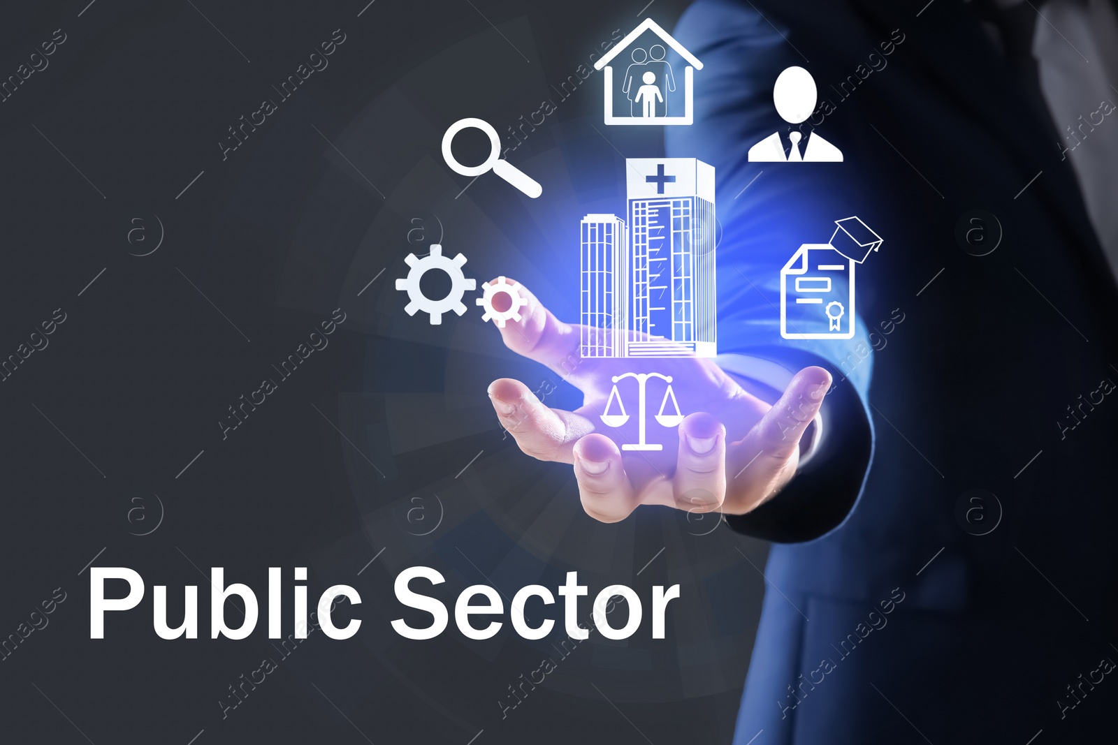 Image of Public Sector concept. Man presenting different virtual icons on grey background, closeup