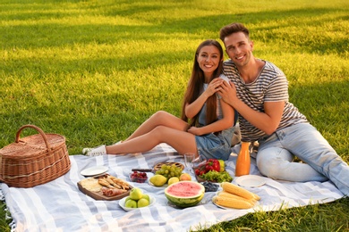 Happy couple having picnic in park on sunny day