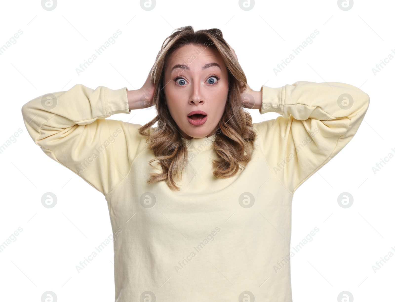 Photo of Portrait of surprised woman on white background