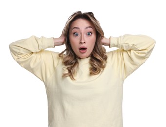 Photo of Portrait of surprised woman on white background