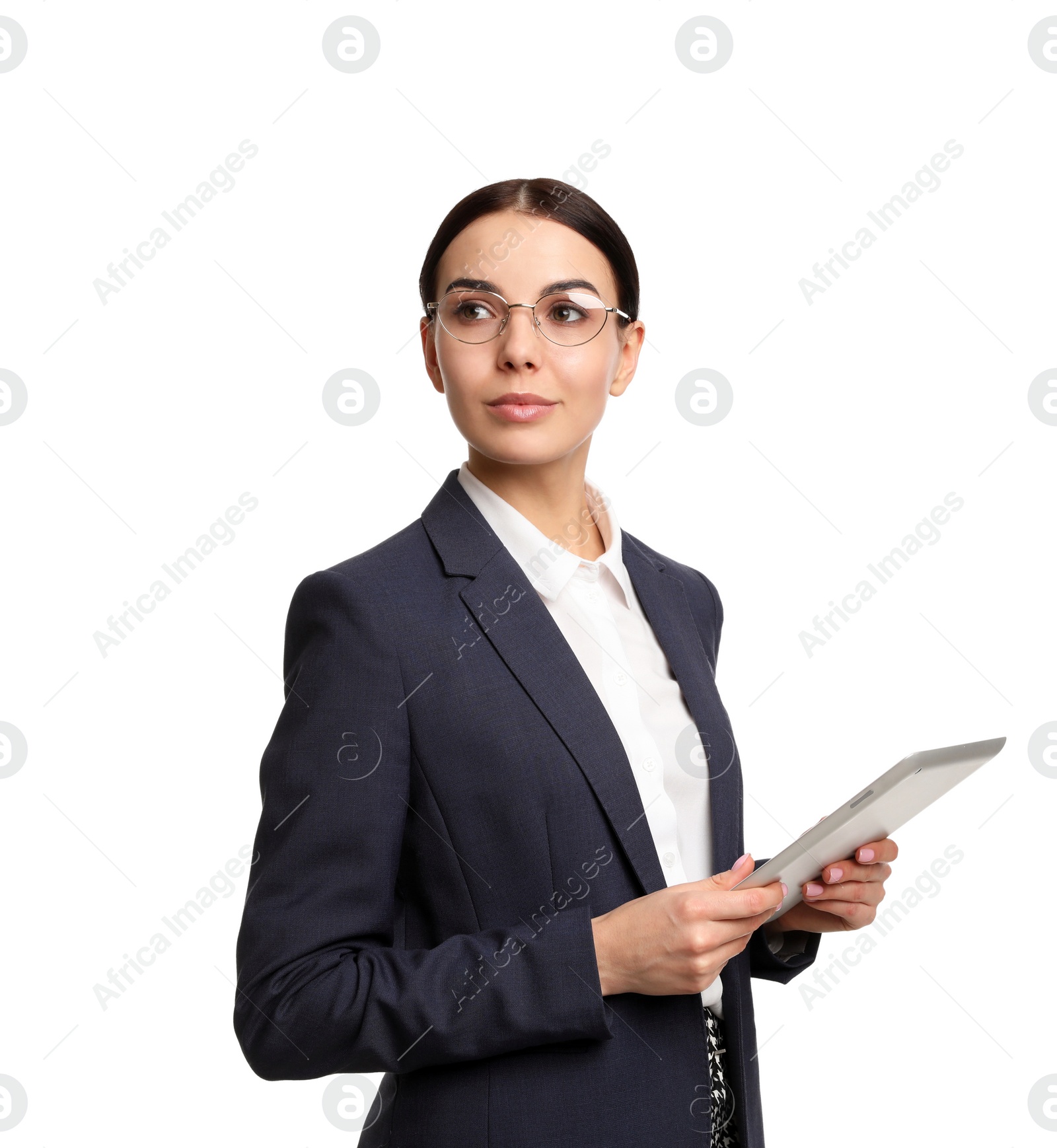 Photo of Young businesswoman with tablet on white background