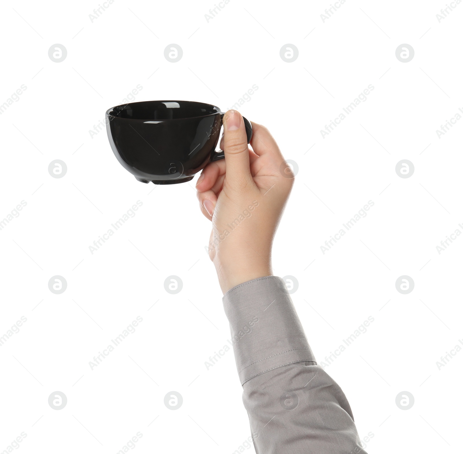 Photo of Woman holding black cup on white background, closeup