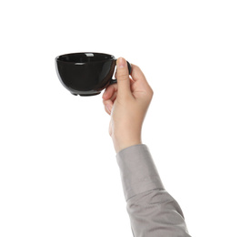 Photo of Woman holding black cup on white background, closeup