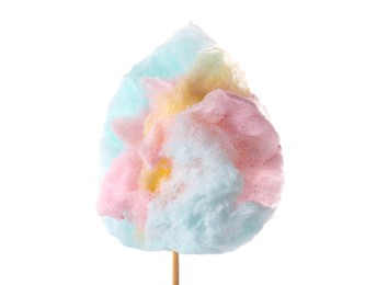Photo of Stick with colorful cotton candy isolated on white