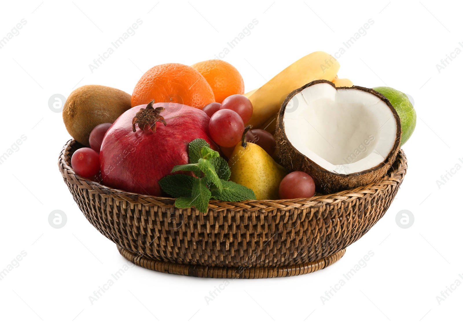 Photo of Fresh ripe fruits in wicker bowl on white background