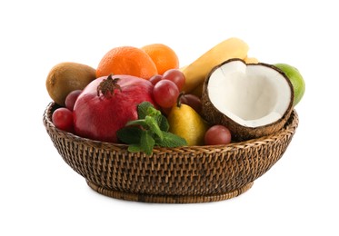 Photo of Fresh ripe fruits in wicker bowl on white background