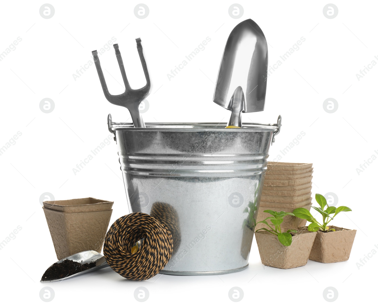 Photo of Different modern gardening tools on white background