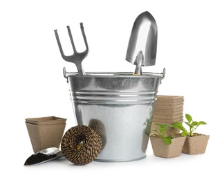 Different modern gardening tools on white background