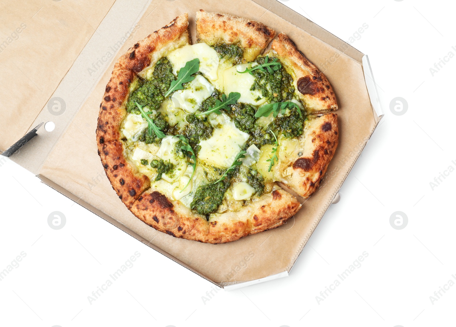 Photo of Delicious pizza with pesto, cheese and arugula in cardboard box on white background, top view