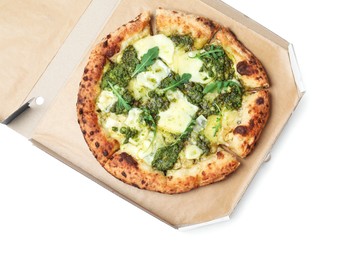 Photo of Delicious pizza with pesto, cheese and arugula in cardboard box on white background, top view