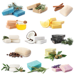 Set of different soap bars and ingredients on white background