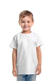 Photo of Little boy in t-shirt on white background. Mockup for design