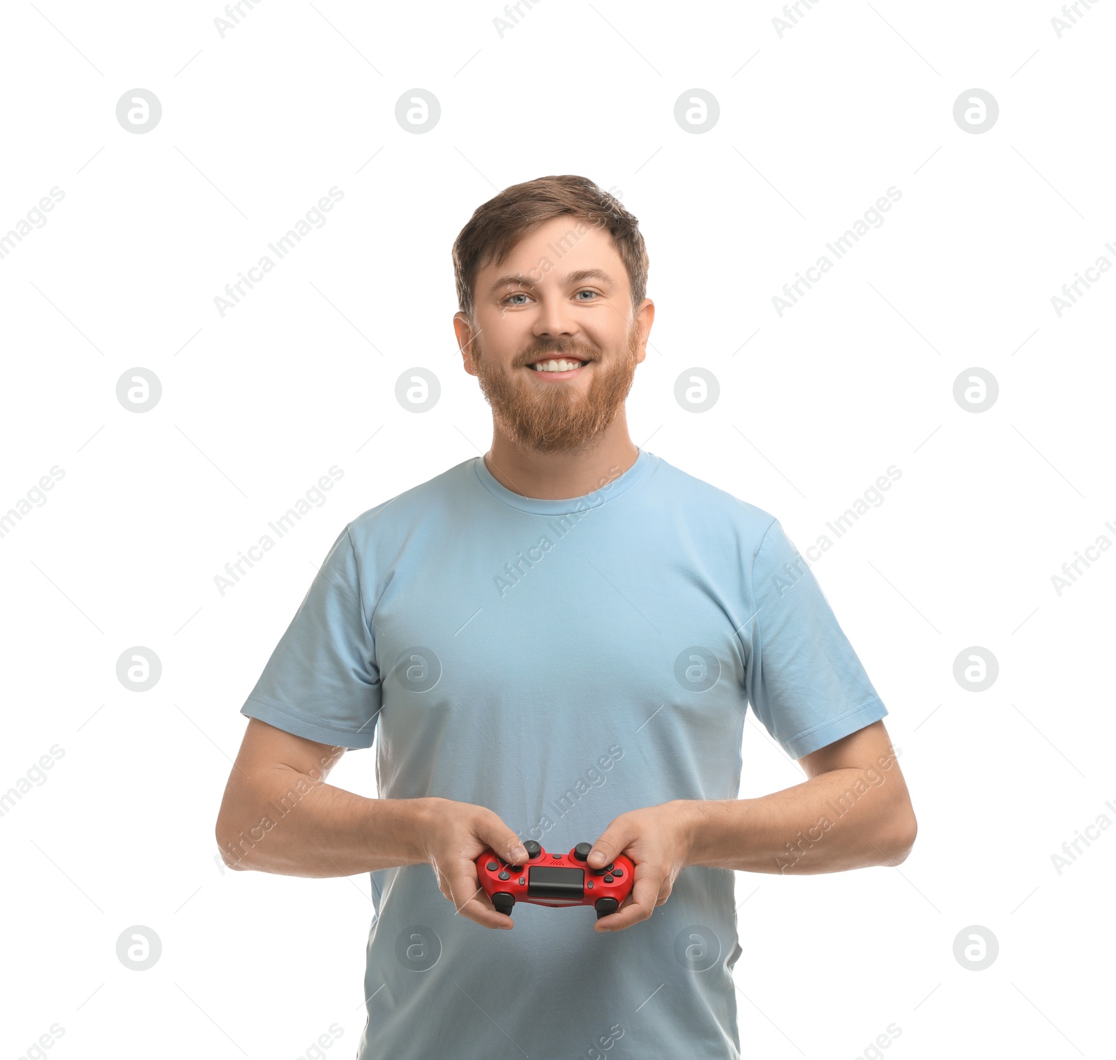 Photo of Happy man with game controller on white background