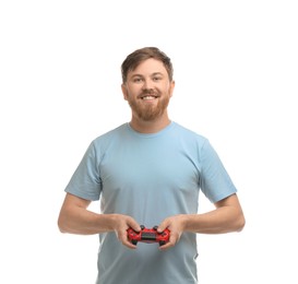 Photo of Happy man with game controller on white background