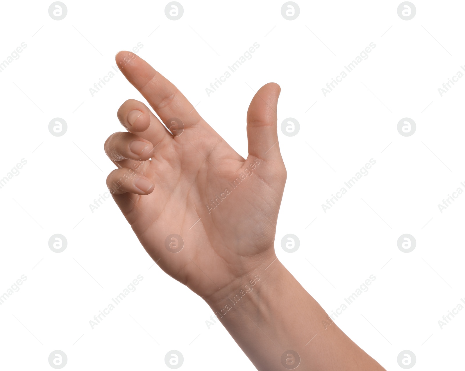 Photo of Woman showing hand on white background, closeup