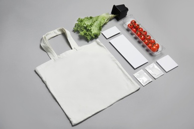 Photo of Composition with items for mock up design on gray background. Food delivery service