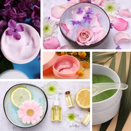 Spa treatment. Different skin care products, collage of photos