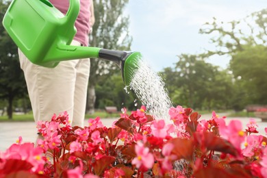 Photo of Man irrigating blooming plant with green watering can outdoors, closeup
