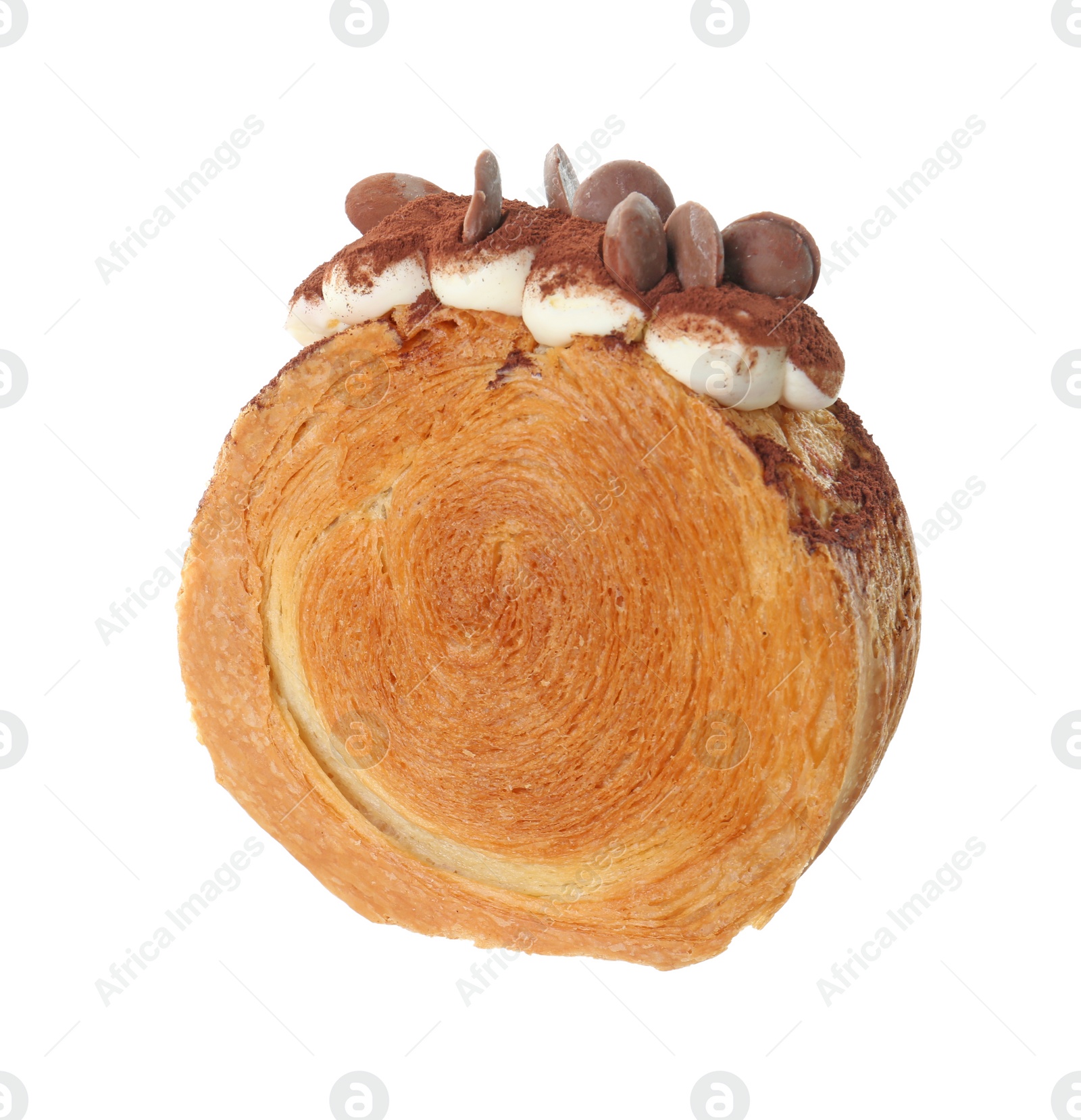 Photo of One supreme croissant with chocolate chips and cream on white background. Tasty puff pastry