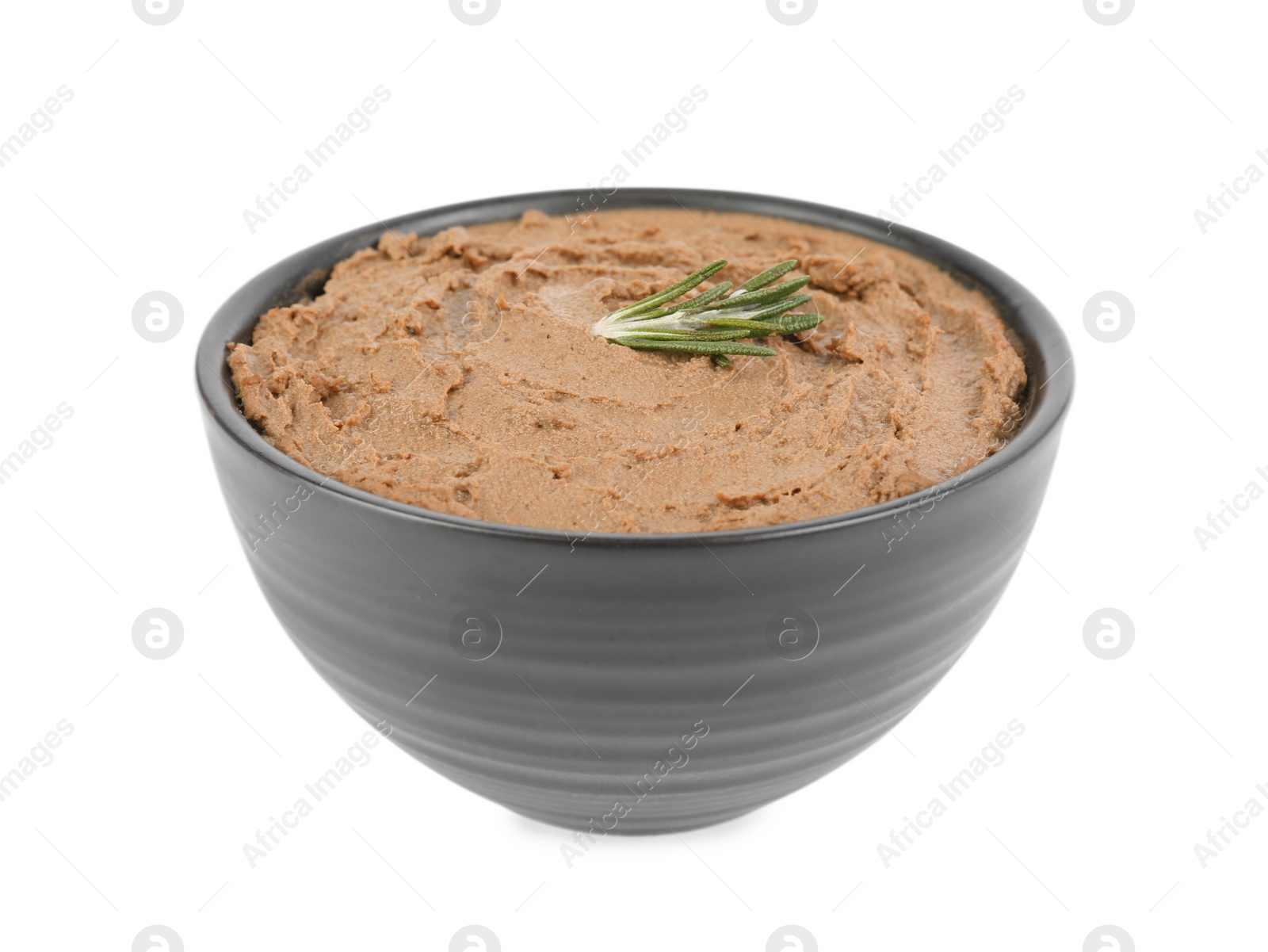 Photo of Tasty liver pate with rosemary isolated on white