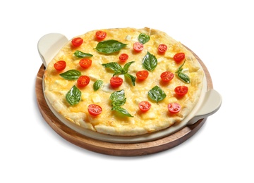 Fresh tasty homemade pizza on white background