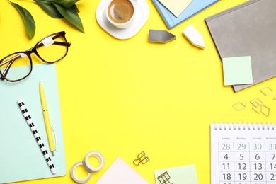Photo of Flat lay composition with stationery on yellow background, space for text