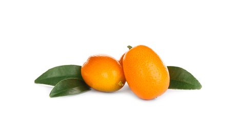 Fresh ripe kumquats with leaves on white background. Exotic fruit