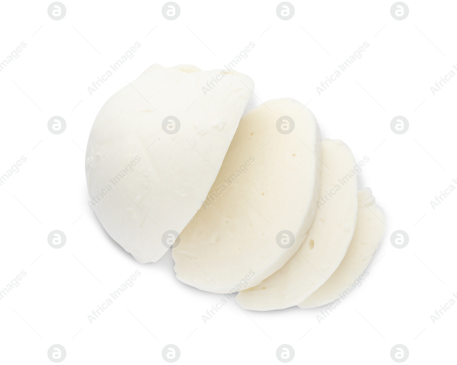 Photo of Delicious mozzarella cheese slices on white background, top view