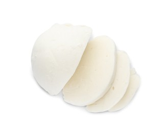 Delicious mozzarella cheese slices on white background, top view