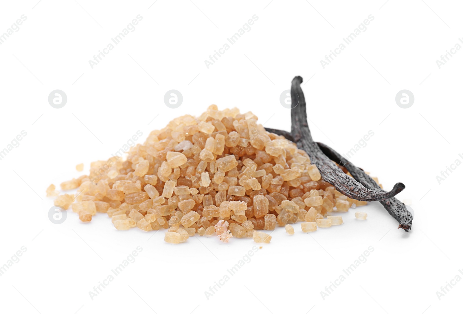 Photo of Brown vanilla sugar and sticks on white background