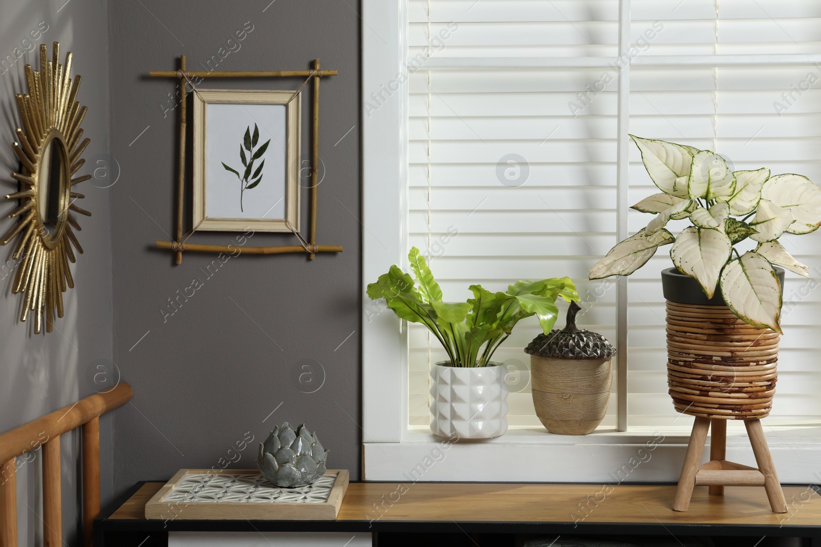 Photo of Stylish room interior with bamboo frame on grey wall