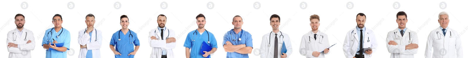 Image of Collage with photos of doctors on white background. Banner design