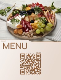 Image of Scan QR code for contactless menu. Different tasty appetizers on white wooden table