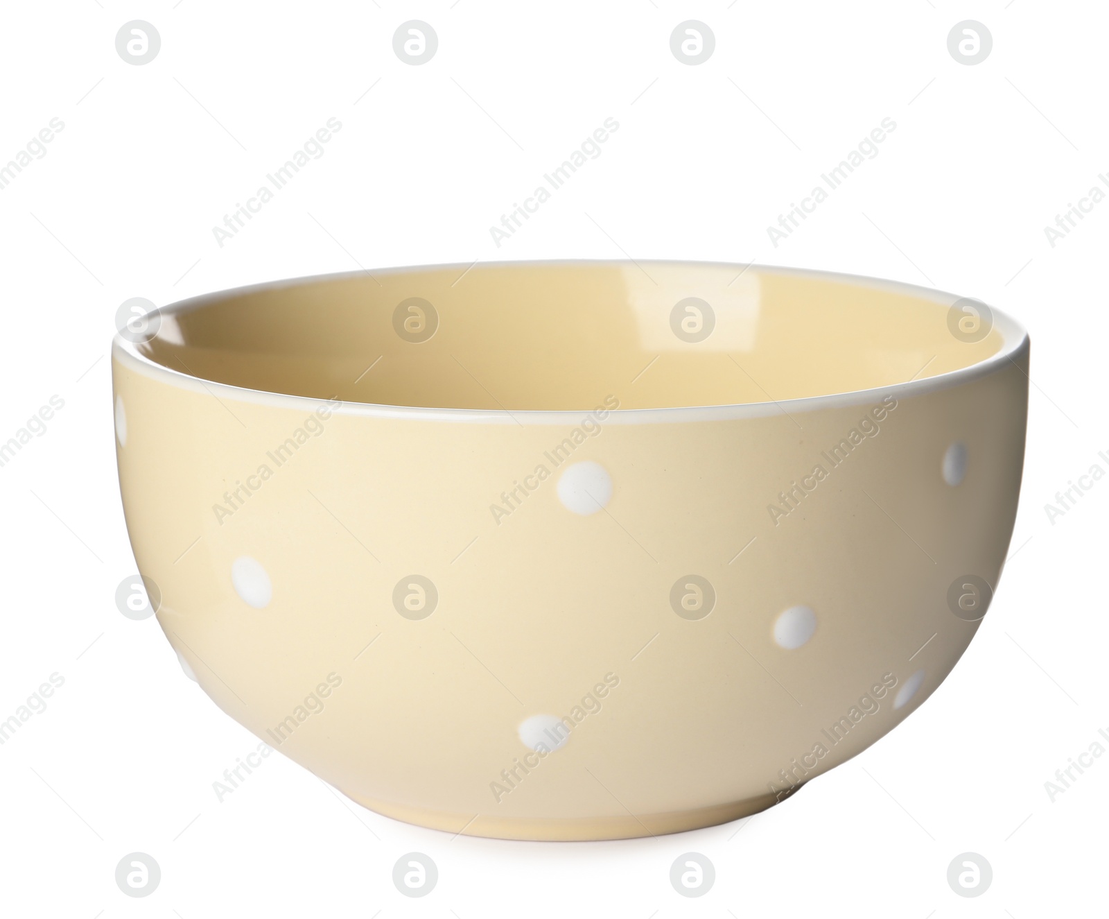 Photo of One yellow ceramic bowl isolated on white