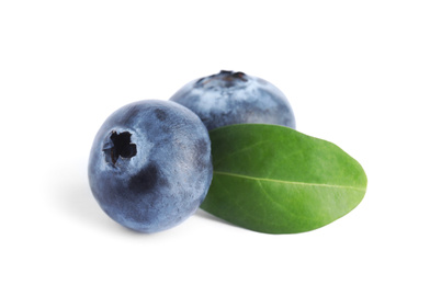Photo of Fresh ripe blueberries with leaf on white background