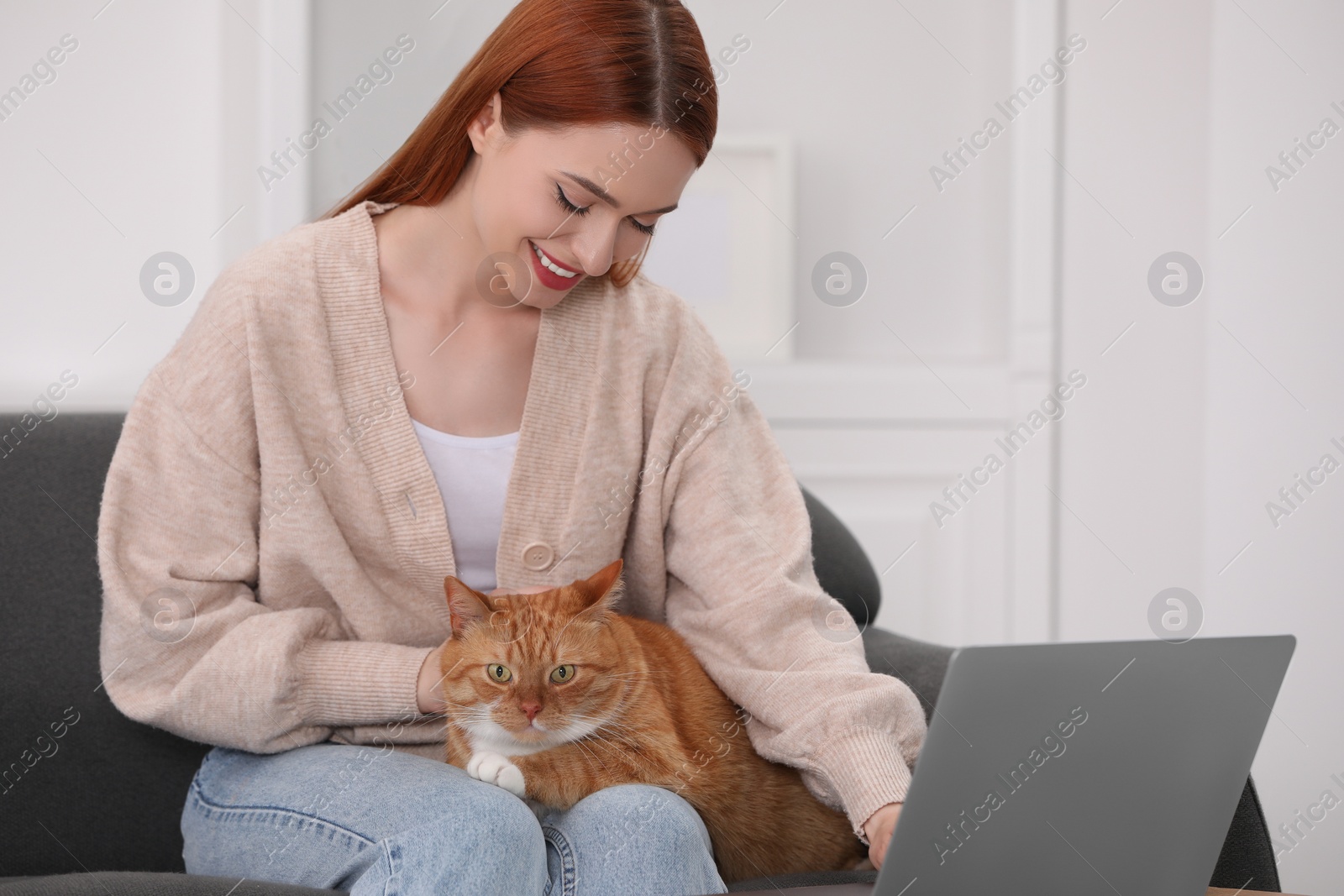 Photo of Happy woman with cat working on sofa at home