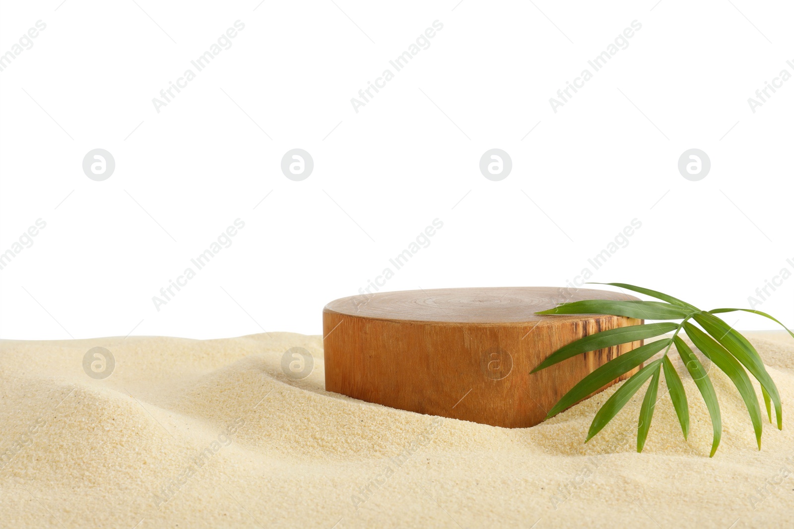 Photo of Presentation of product. Wooden podium and palm Leaf on sand against white background