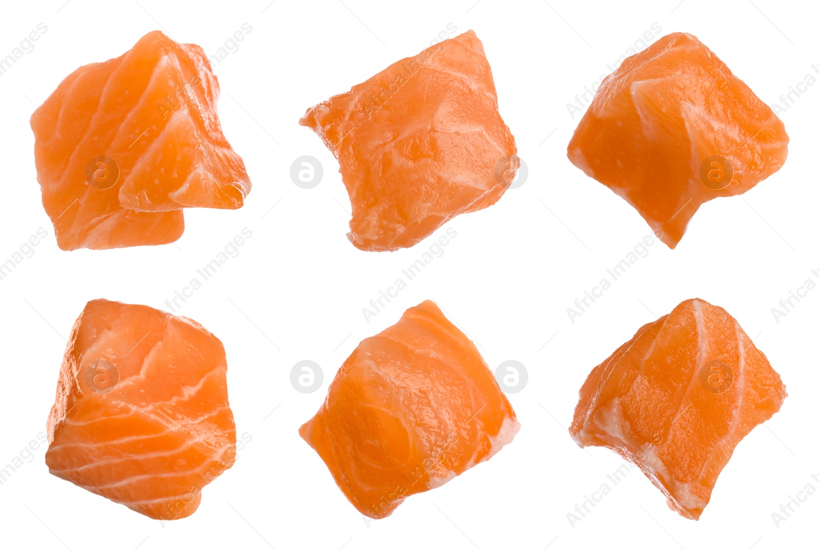 Image of Set with pieces of fresh raw salmon on white background. Fish delicacy